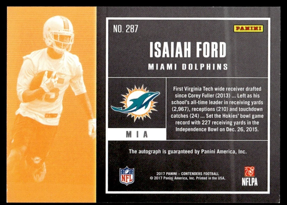 2017 Panini Contenders Isaiah Ford Rookie Auto Miami Dolphins #287 - Image 2 of 2