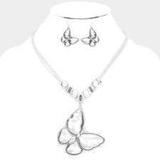 Pierced silver multi chain butterfly necklace and earring set