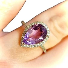 Pear Cut Amethyst Ring for Women Sterling Silver 925 Created Size 6 7 8 9 10