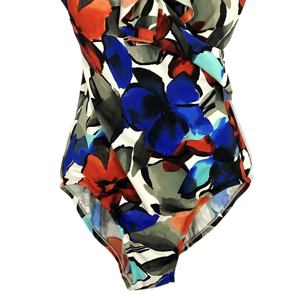 INC | Traje de baño rojo blanco azul colorido floral Fuax envolvente cuello con volantes de una pieza 6 Foto 3 de 4