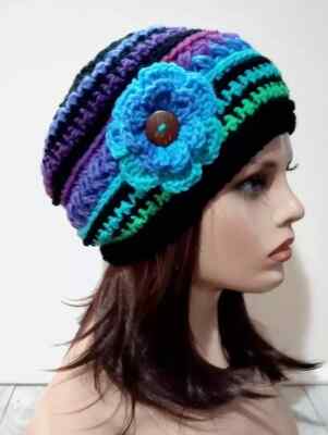 crochet handmade womans flower hat beanie blue parrot stripes puffs