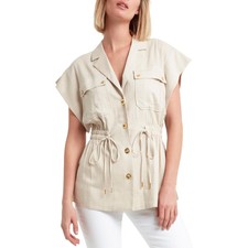H Halston Womens Beige Linen Blend Cinch Waist Utility Jacket Shirt M Bhfo 4802