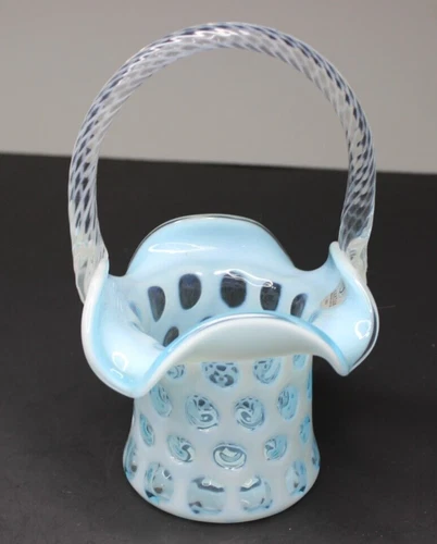 Fenton Blue Opalescent Coin Dot Glass Basket 9" 2435JY with Stickers Sculpted