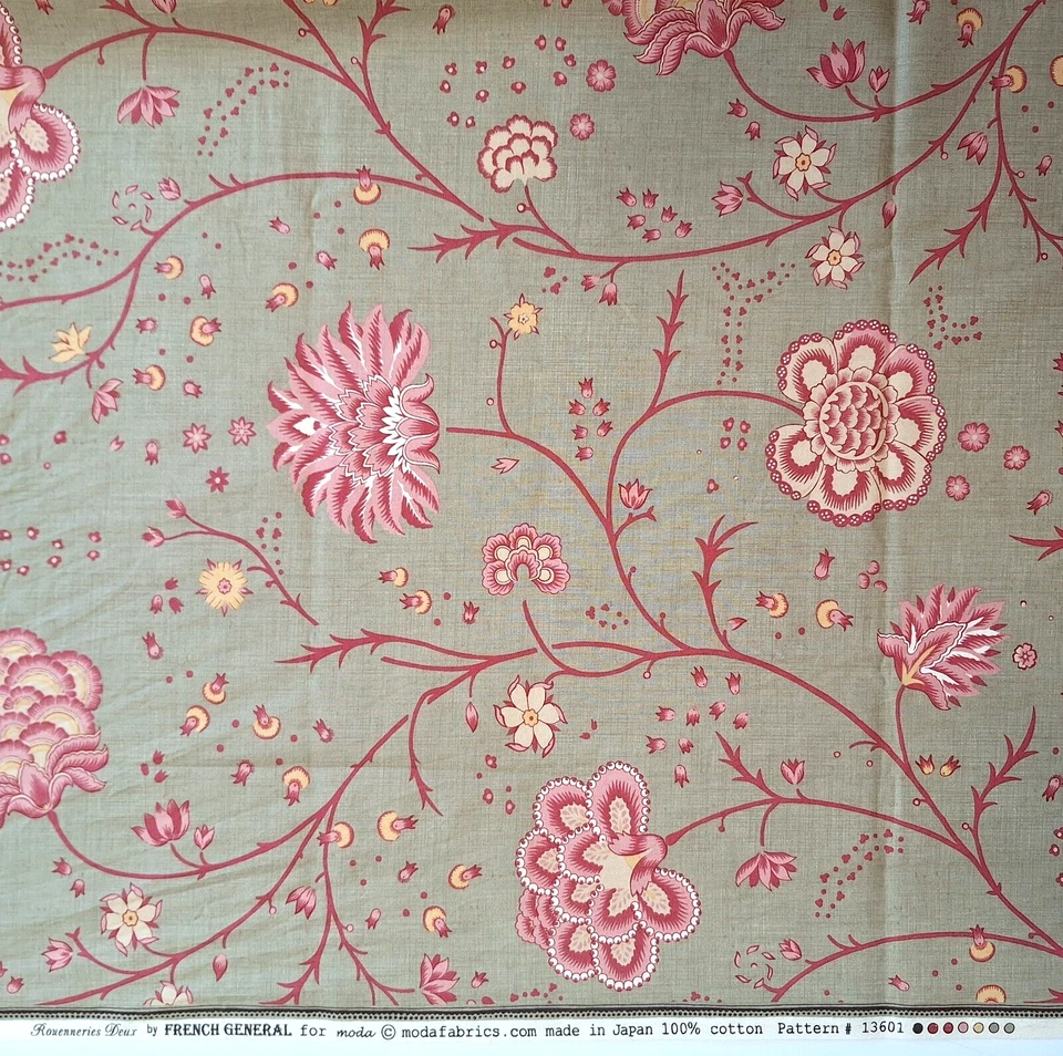 Floral Pink on Grey Rounneries Deux French General Moda Cotton Fabric 13601 26"L - Image 3 of 4