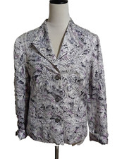 Chico's SZ 1 Silk Blend Blazer Jacket Gray Purple Floral Beaded Silver Applique