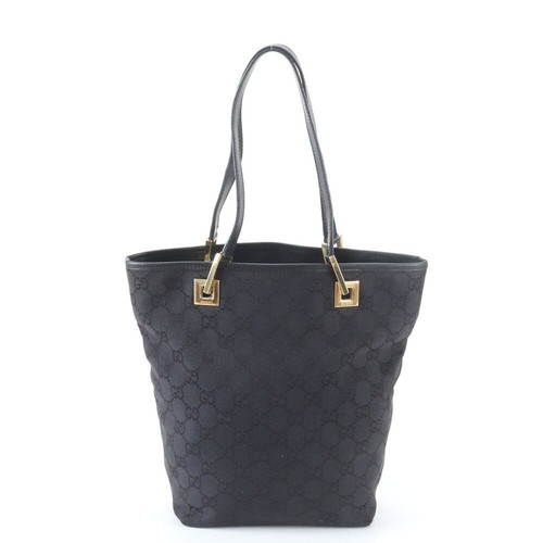 Gucci GG Canvas Leather Tote Bag Black Shoulder Handbag Women Auth