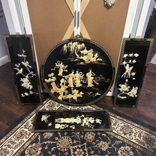 Vintage Chinese Black Lacquer Mother of Pearl...