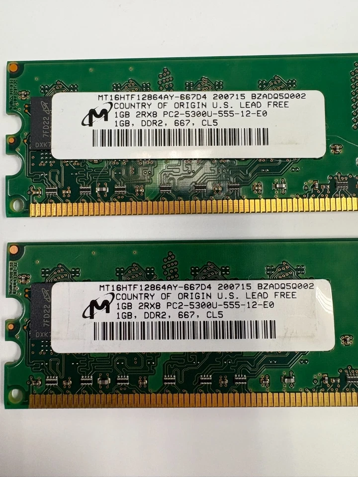 Lot 2× Micron 1GB DDR2 667MHz PC2-5300U MT16HTF12864AY-667D4 RAM - Image 2 of 3