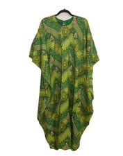 VTG 70s Handmade Neon Green Psychedelic Floral Printed Kaftan Mumu Dress OS