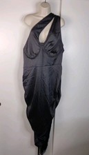 NEW Pretty Little Thing One Sleeve Ruched Fringe Side Midi Dress Size 22 Black