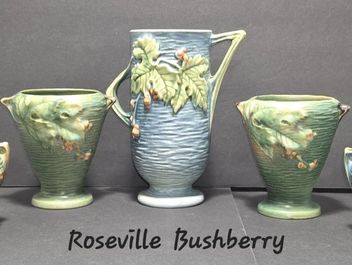 Vintage Roseville Bushberry $125 For:  One Blue 29-6 & Two Green  28-4 Green