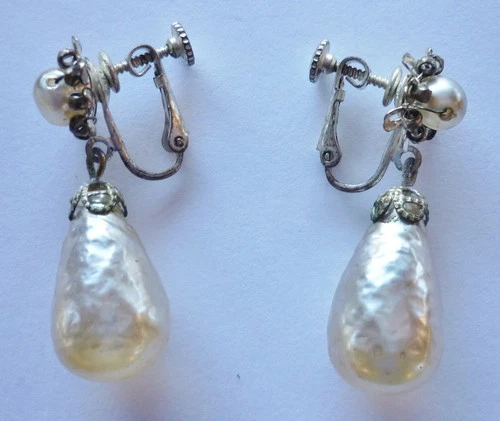 Earring Signed Miriam Haskell Faux Pearl Dangle Silver Tone  Clip On Vintage