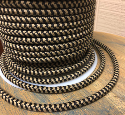 Black/Tan Hounds-Tooth Cloth Covered 2-Wire Round Cord, Retro power cable, USA