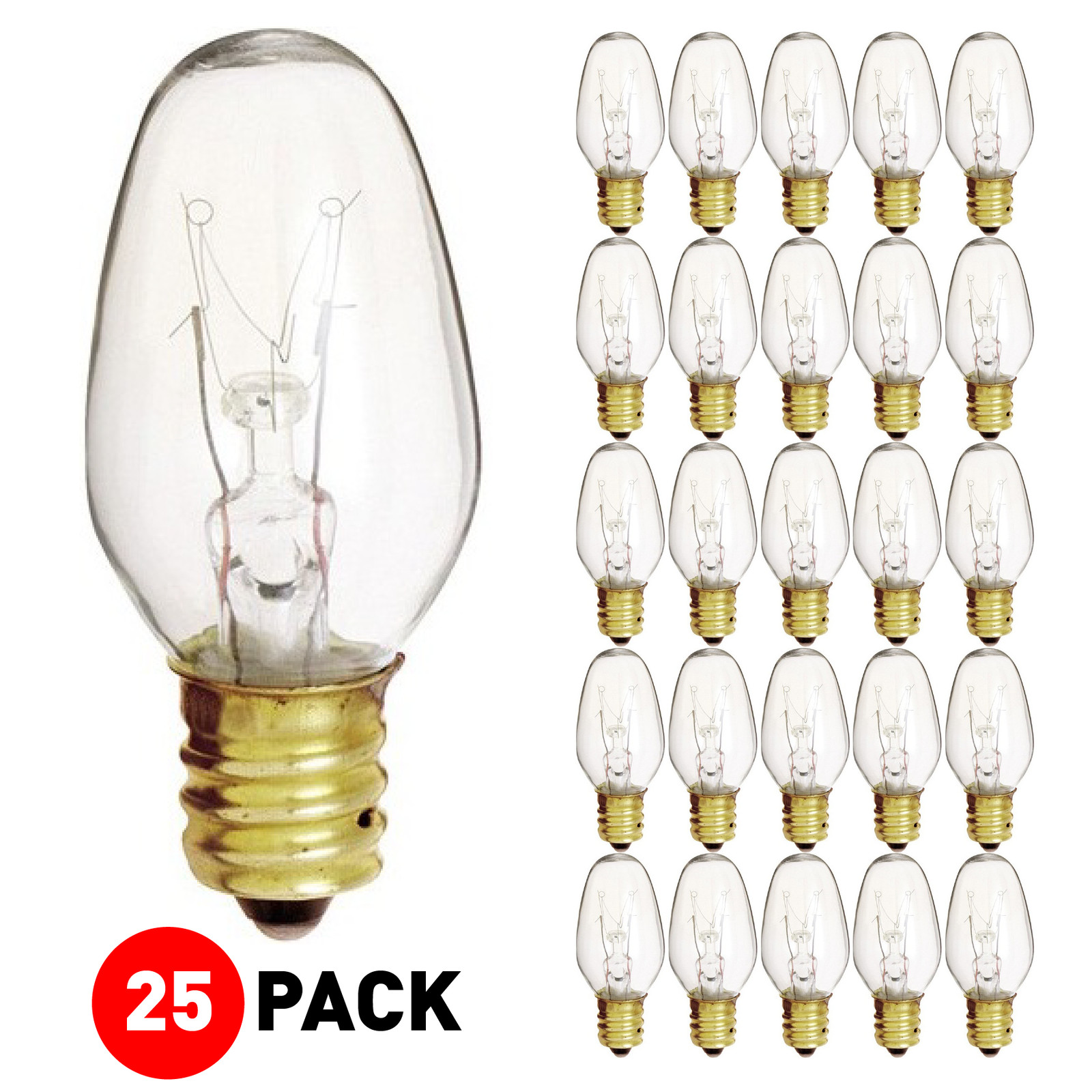25 Pack Night Light Bulbs 7C7 7W Watt 120V Volt C7 Candelabra E12 Base