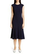 ST. JOHN Navy Blue Stretch Cady Fit & Flare Fluted Princess-Seam Midi Dress 12 L