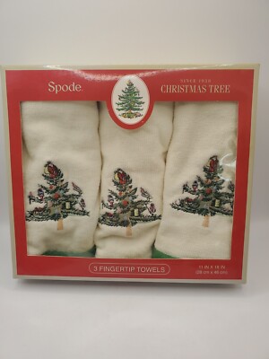 Spode Christmas Tree Pattern Set Of Three Fingertip Towels 18 X 11 In Box
