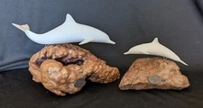 John Perry Vintage Beautiful Burl Wood Sculpture w/A White Dolphin Lot of 2