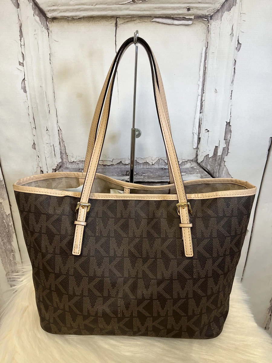 Buy the Michael Kors Brown Signature Monogram Mini Tote Bag