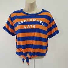 Flirtitude Activte Womens Tops Blue Orange Stripe Short Sleeve Round Neck Size M