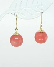 14k Yellow Gold Round Pink Coral Drop Dangle Earrings