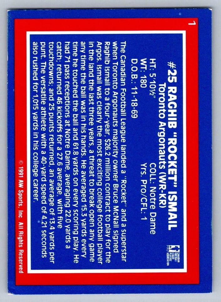 1991 All World CFL - Rocket Ismail #1 (RC) - Image 2 of 2