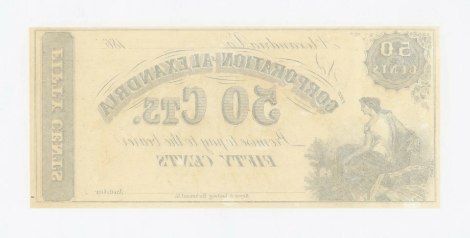1860's 50c The Corporation of Alexandria, VIRGINIA Note AU - Image 2 of 2