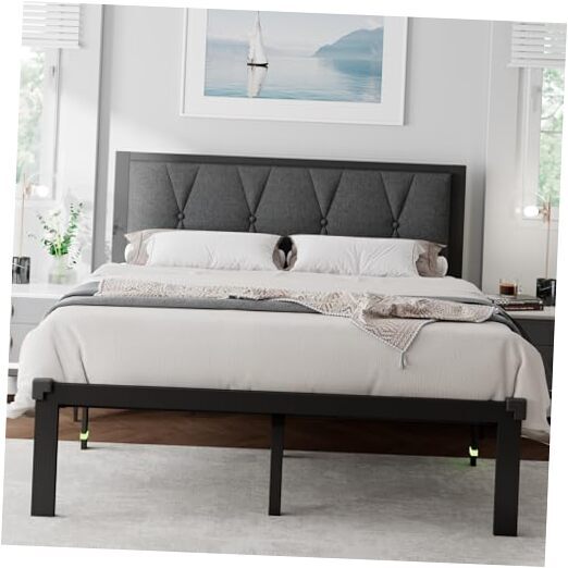 Size Metal Bed Frame with Fabric Button Tufted Headboard, Queen Dark Grey