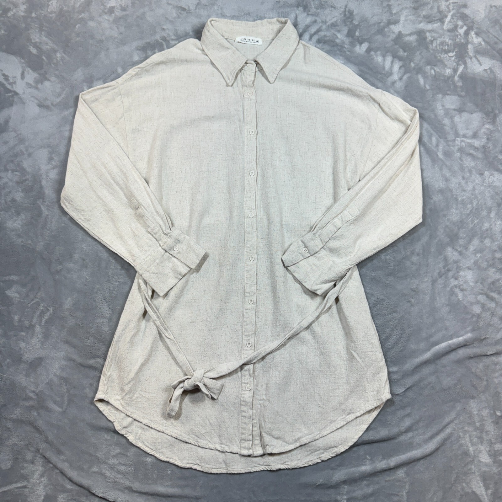 12TH Tribe Top Womens Sz M Button Up Belted Tunic Oatmeal linen Rayon Blend