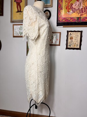 vintage white party dress open lace back dress Vintage White Square Neck Butterfly Sequins Lace Ruffle Long Sleeve Dress, White / S