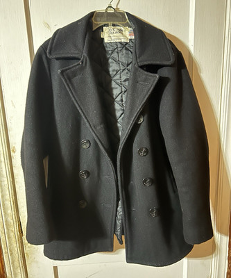 Schott N.Y.C. Men s Black Wool Pea Coat Lined Pockets Button Size 38