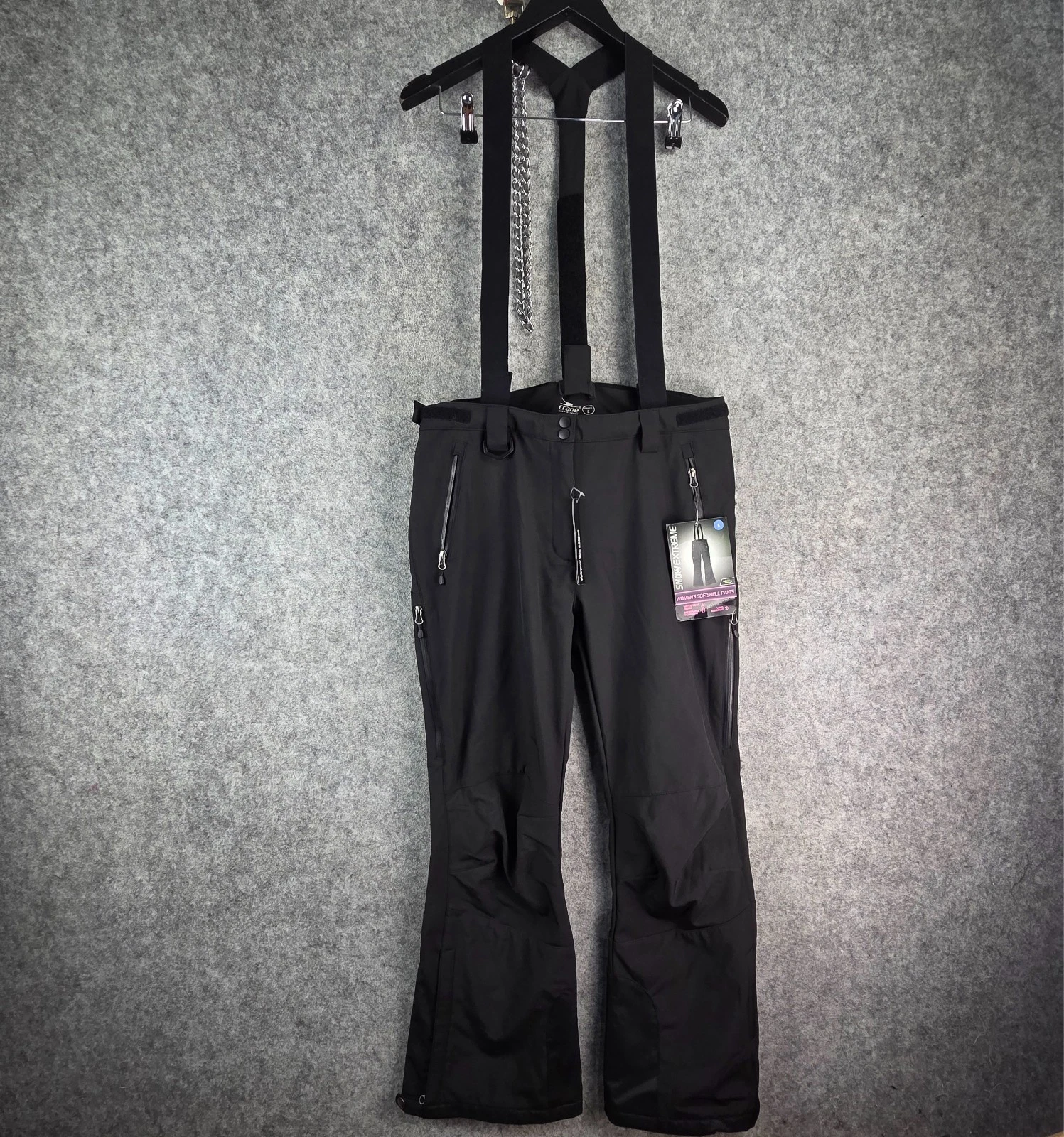 Crane Pants Womens Large Black Snow Pants Softshell Ski Overalls NEW 16440