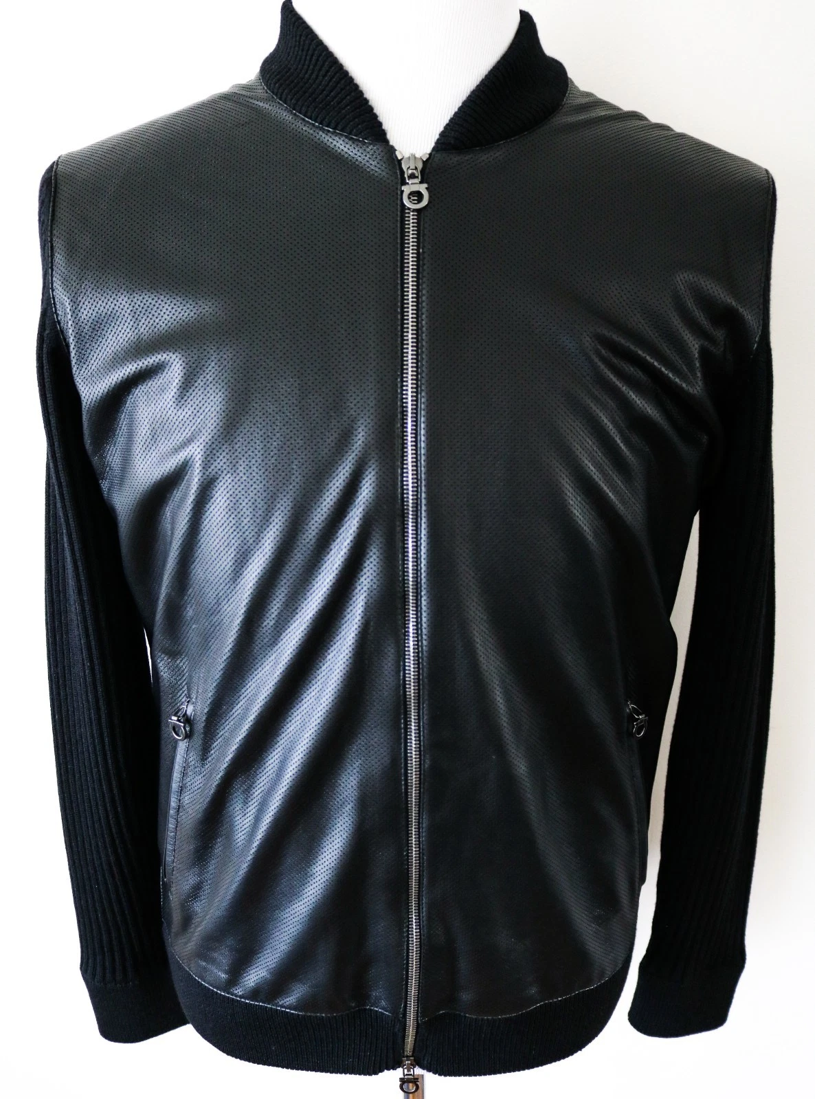 Ferragamo — $2800 SALVATORE FERRAGAMO Black Perforated Lambskin Wool Bomber Jacket Medium