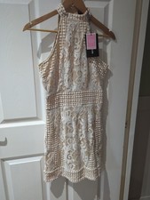 PrettyLittleThing White & Beige Lace Crochet Bodycon Mini Dress Size 8 New