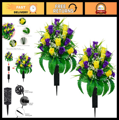 2 Sets Artificial Cemetery Flowers - 24 Heads for Grave Decorations, Long Nail V