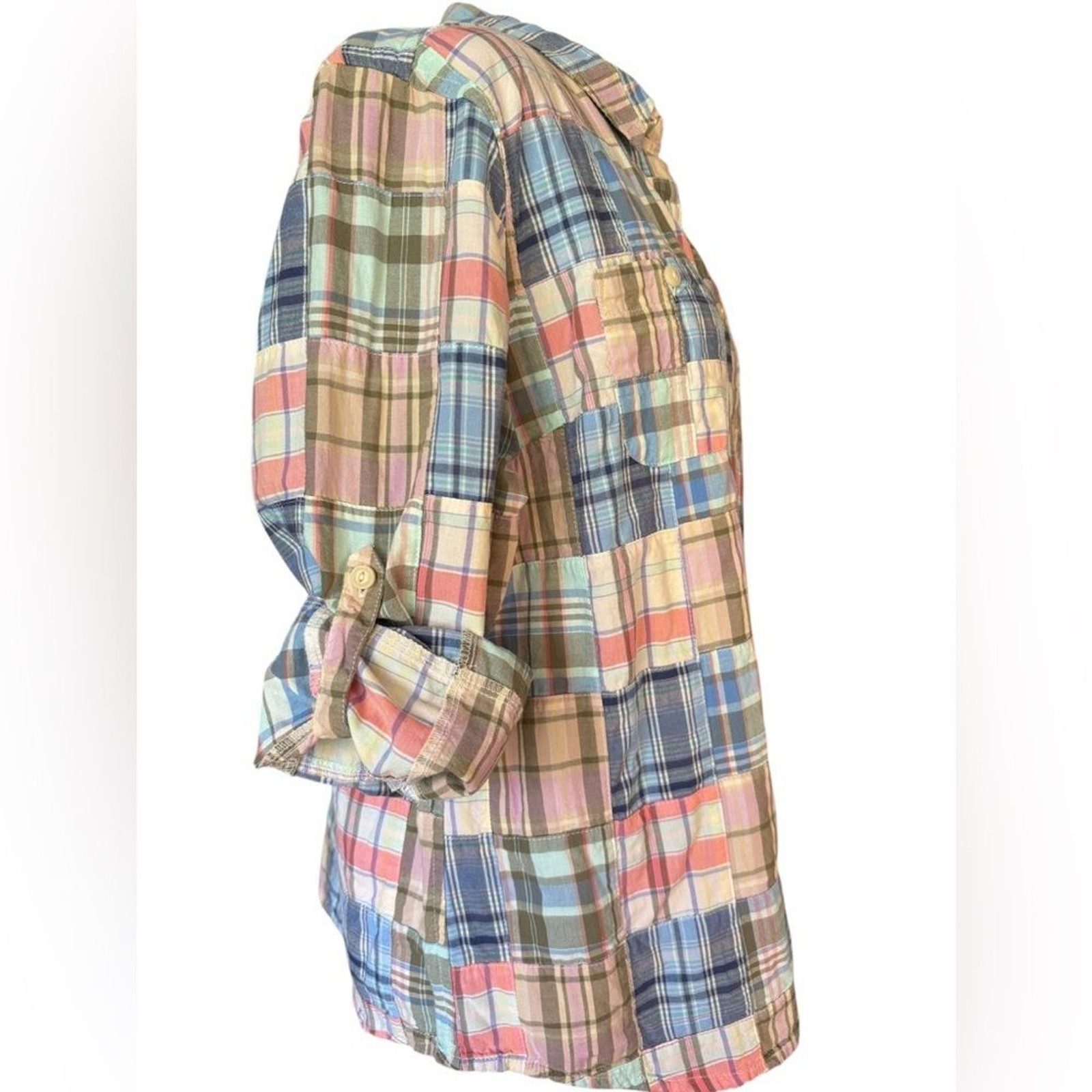 LL Bean Button Front Top Plaid Patchwork Long Sle… - image 4