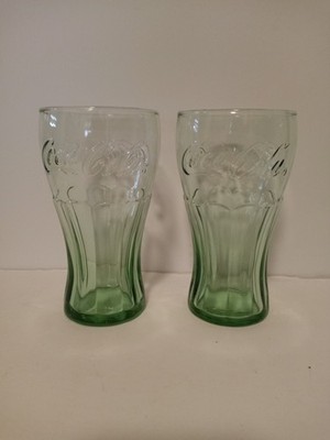 Set of 2 Vintage Coca-Cola Green 16 oz Drinking Glass Tumblers