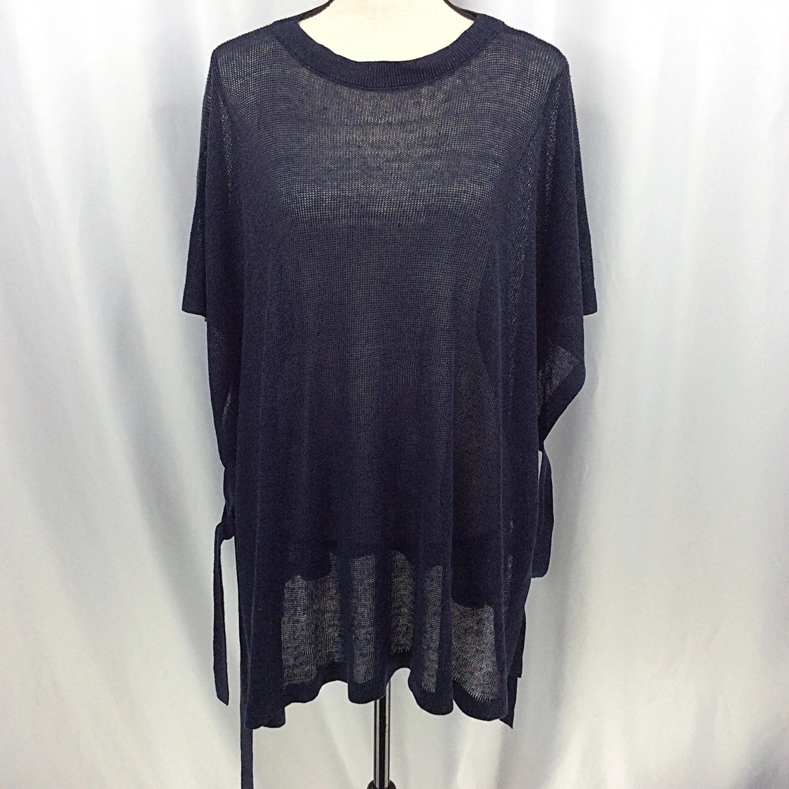 J Jill Linen Blend Side Tie Poncho Pullover Sweater Women's One Size Navy Blue