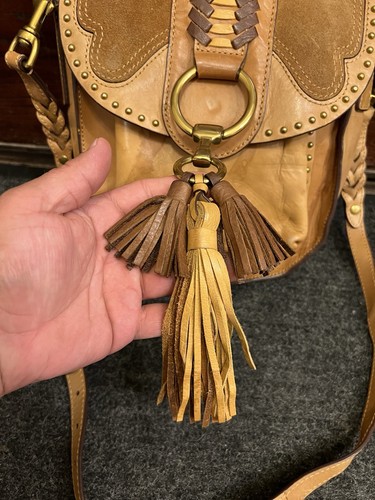 FRYE ilana Taupe Brown Tan Braided Leather Saddle Crossbody Bag Fringed Tassels - Picture 4 of 22