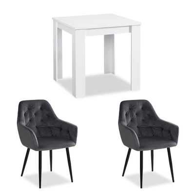 Table salle à manger 80x80 bois massif blanc avec 2 chaises velours Homestyle4u - Photo 1/4