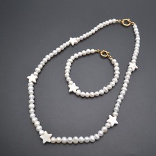 Natural White Pearl Beads Star Charms Children Necklace Bracelet Jewelry Set