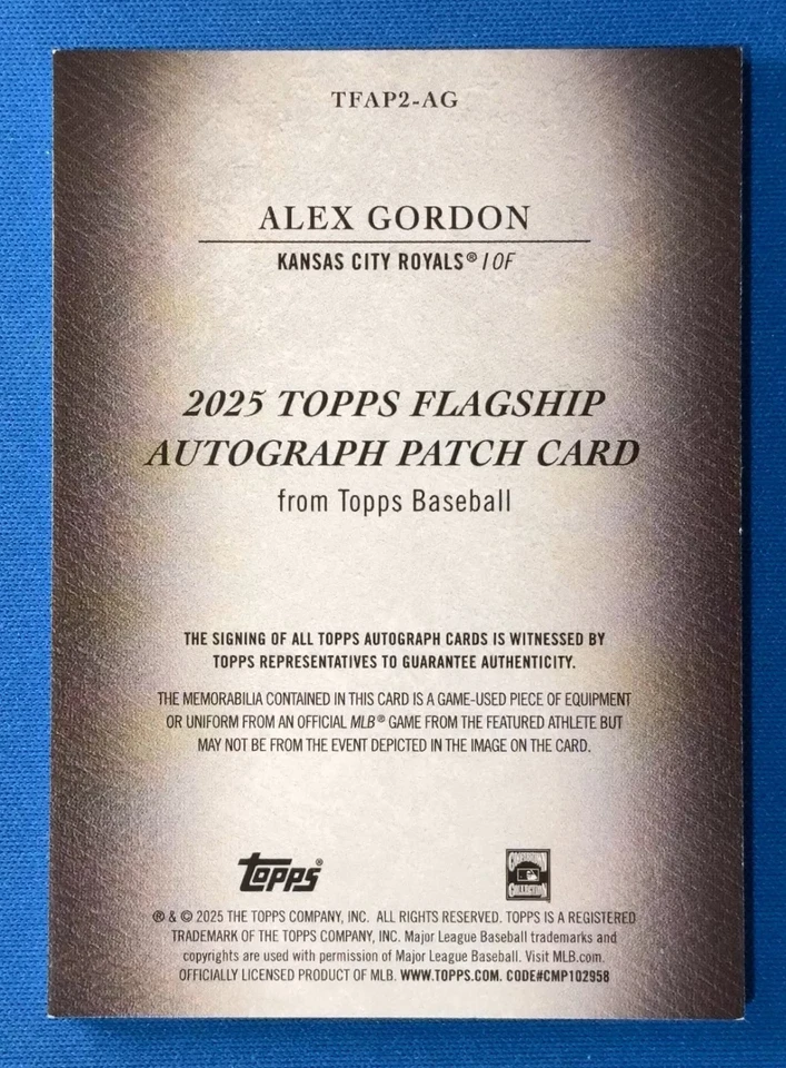 Actualización Topps 2025 Alex Gordon Topps buque insignia parche en tarjeta automático bronce 25/06 Foto 2 de 2