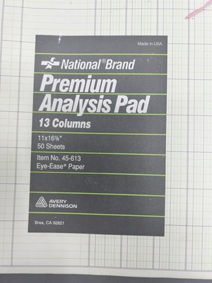 50 Sheets NATIONAL Analysis Pad, 13 Columns, Green Paper, 11 x 16.375'' NEW
