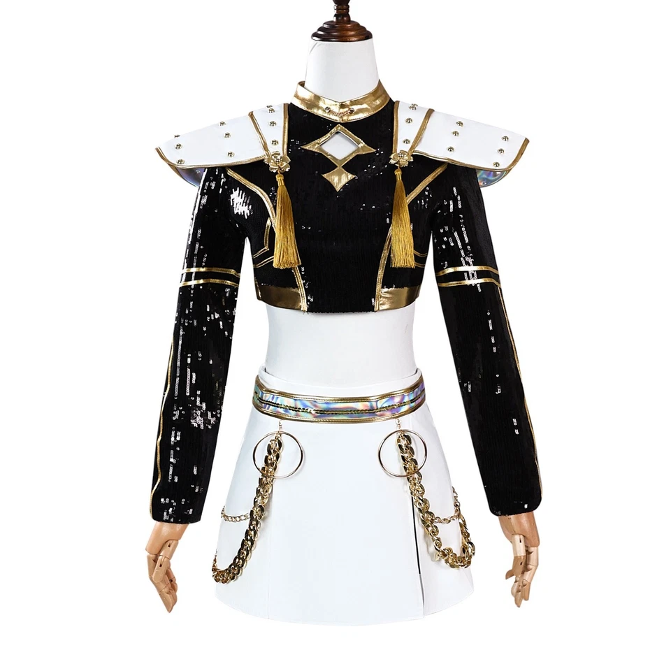 Women’s K-pop Stage Dance Costume | Sparkly Black Gold Performance Outfit Set - Image 3 of 4
