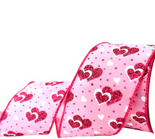 Valentine's Day 2.5" by 2 yd Pink Satin Wired Ribbon Glitter Red White Hearts