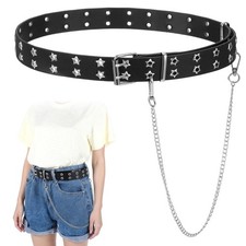 Black Studded Belt, Star Punk Rock Star Studded Leather Belt with Grommet Thr...