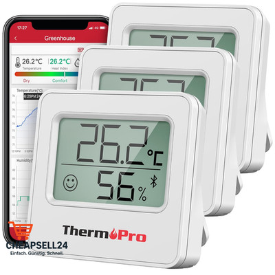 ThermoPro Hygrometer 3er Set Bluetooth Raumthermometer mit App
