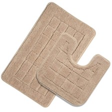 Bath Rug Set 2 Piece Beige Non Slip Bathroom Contour Rug Combo Microfiber Bat...