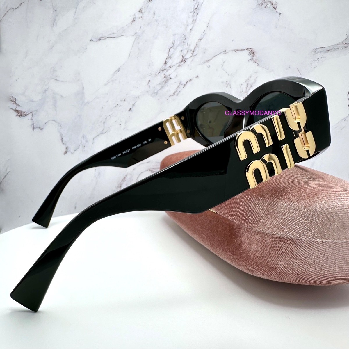 New MIU MIU Sunglasses Black Acetate Oval Gold Metal Logo Authentic Italy Miu Miu 14ZSF Logo Oval Acetate Sunglasses | Neiman Marcus main image 2