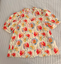 Entro Women  s Floral Multicolor V-Neck Ruffle Short Sleeve Pullover Blouse M