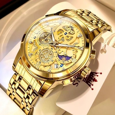 OLEVS Herren Uhr Gold Skeleton Edelstahl Quarz 24h Datum Wasserdicht